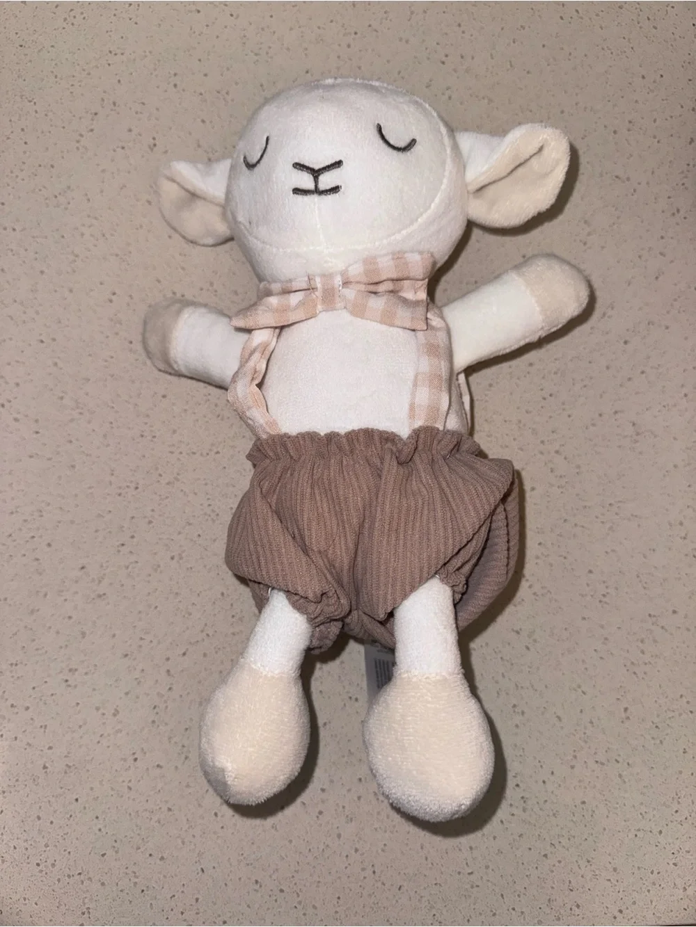 Cream Lamb Plush with Brown Shorts and Check Bow